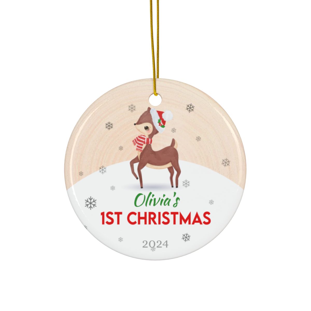 Personalized Deer Ornament, Custom Ceramic Christmas Decoration, Baby's First Christmas Keepsake, Holiday Tree Hanging