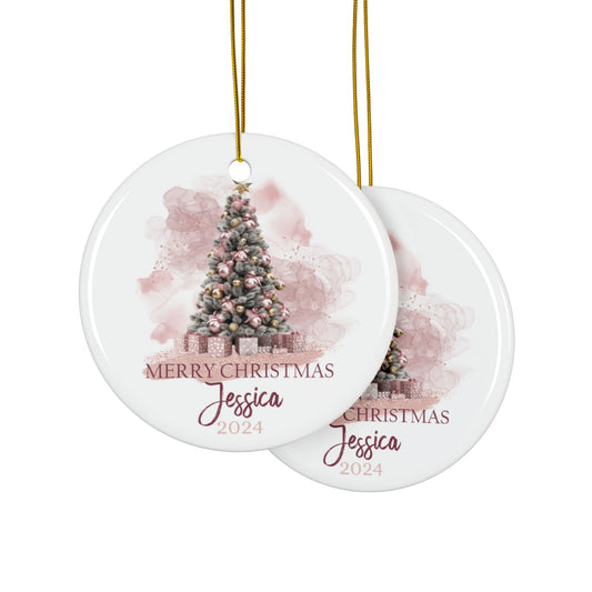 Pink Christmas Tree Personalised Ceramic Ornament Merry Christmas