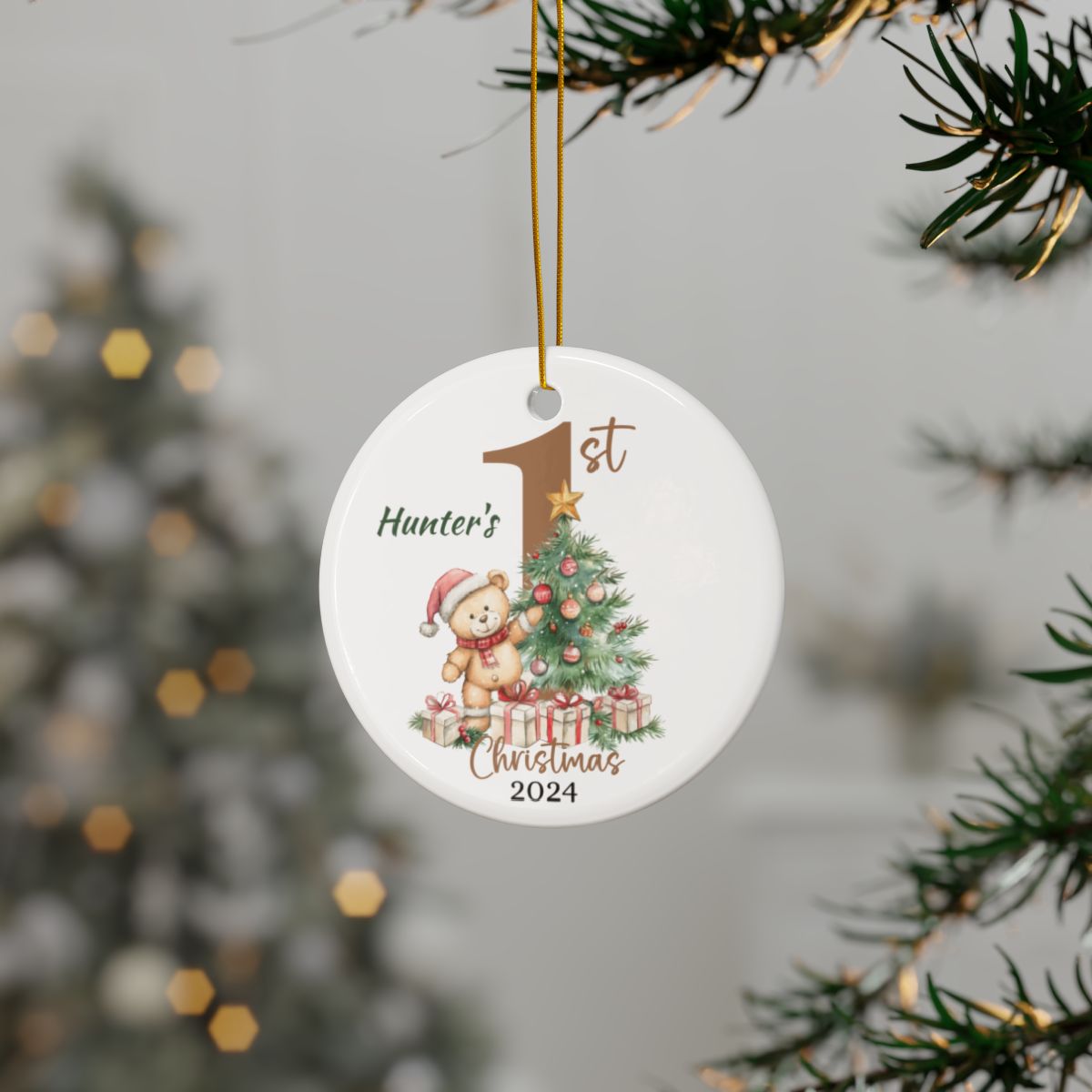 Teddy Bear Christmas Ornament, Personalized Baby's First Christmas, Cute Custom Holiday Keepsake, Ceramic Tree Decoration