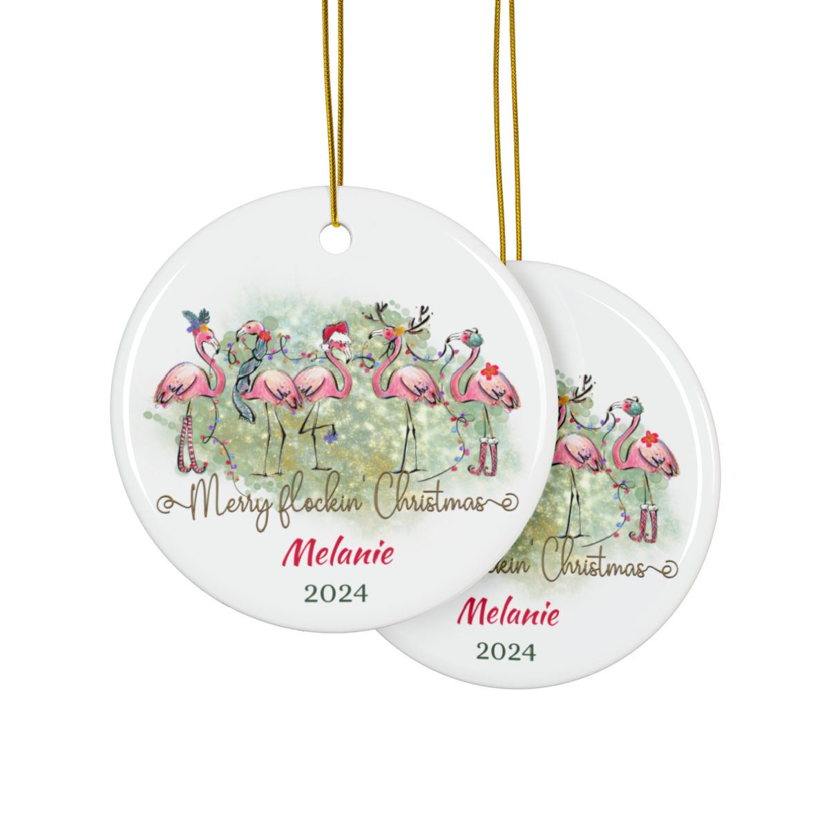 Flamingo Merry Flockin' Christmas Personalised Ceramic Ornaments