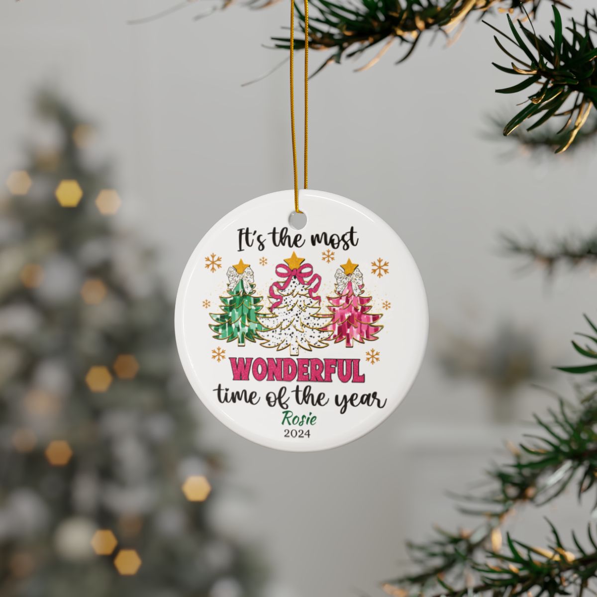 Personalized Holiday Ornament, Custom Christmas Decor, Ceramic Ornament with Trees, Holiday Gift Idea, Christmas Tree Hanging Decor