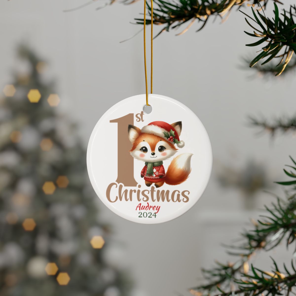 First Christmas Ornament, Personalized Baby Ornament, Holiday Fox Decor, Custom Ceramic Keepsake, New Baby Christmas Gift