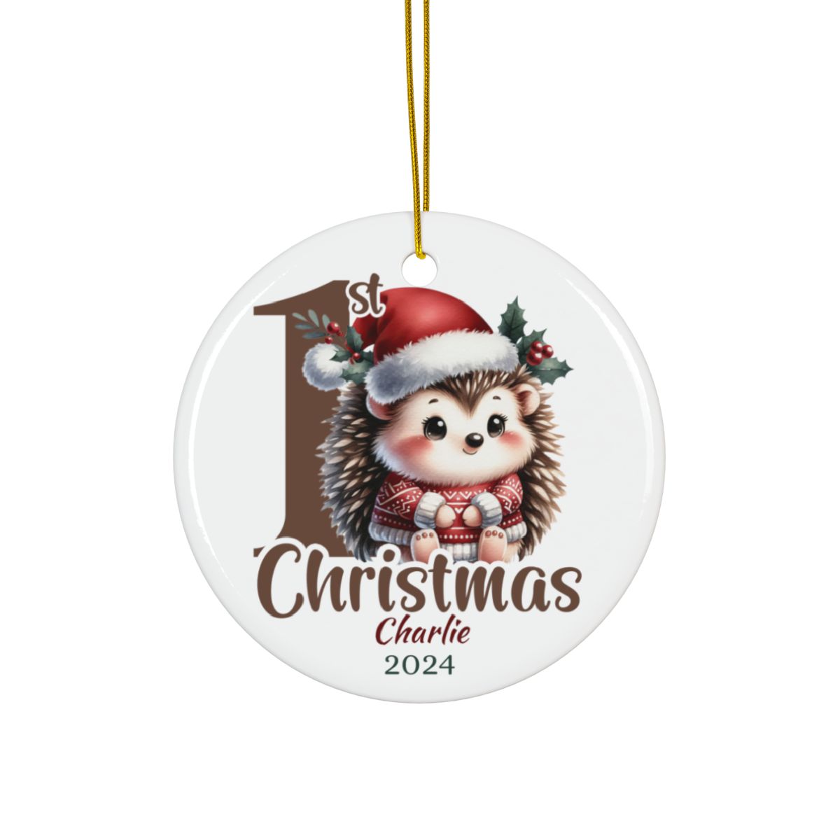 Personalized First Christmas Hedgehog Ornament, Ceramic Holiday Decoration, Baby's 1st Christmas Gift, Cute Holiday Keepsake