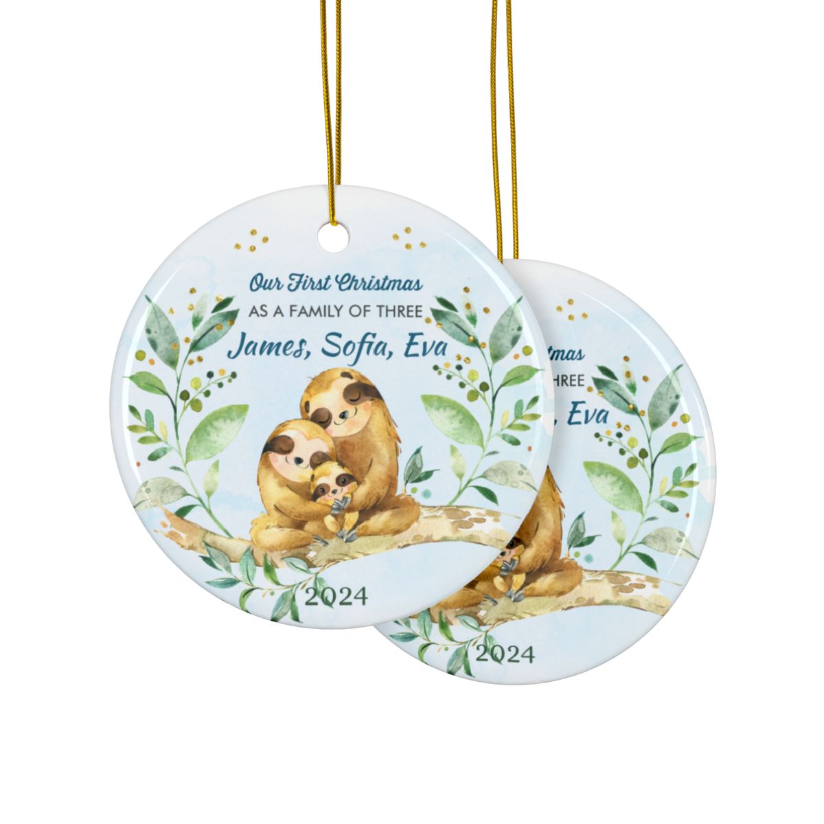 First Christmas Sloth Ornament, Family Keepsake, Personalized Ceramic Ornament, Holiday Sloth Family Decor, Baby's First Christmas Gift