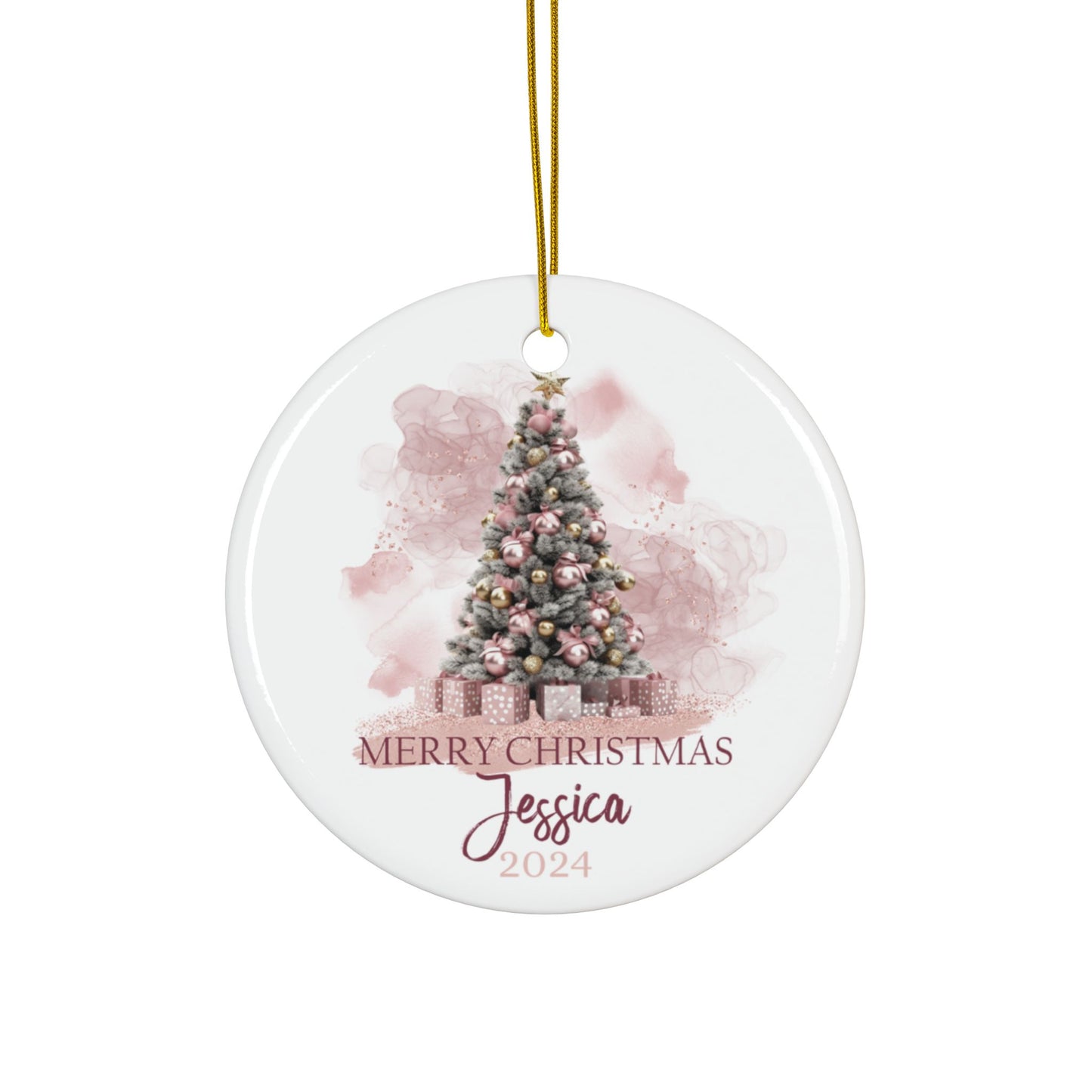 Pink Christmas Tree Personalised Ceramic Ornament Merry Christmas