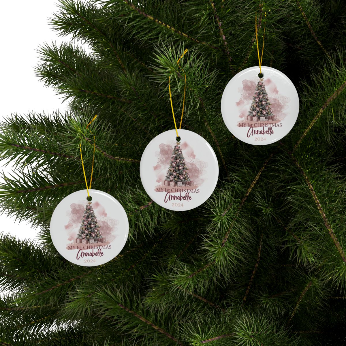 Pink Christmas Tree Personalised Ceramic Ornament First Christmas