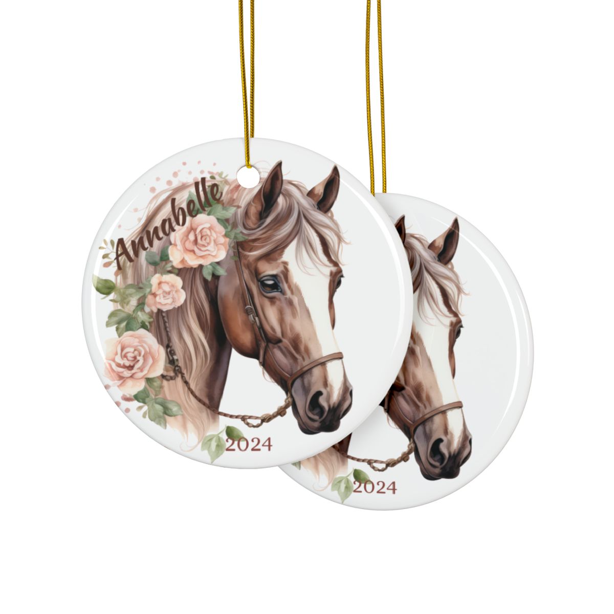 Floral Horse Ornament, Personalized Ceramic Keepsake, Holiday Decor Gift, Custom Name Ornament, Horse Lover Gift, Ceramic Ornament