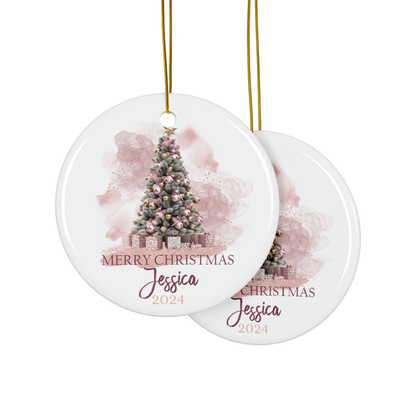 Pink Christmas Tree Personalised Ceramic Ornament Merry Christmas