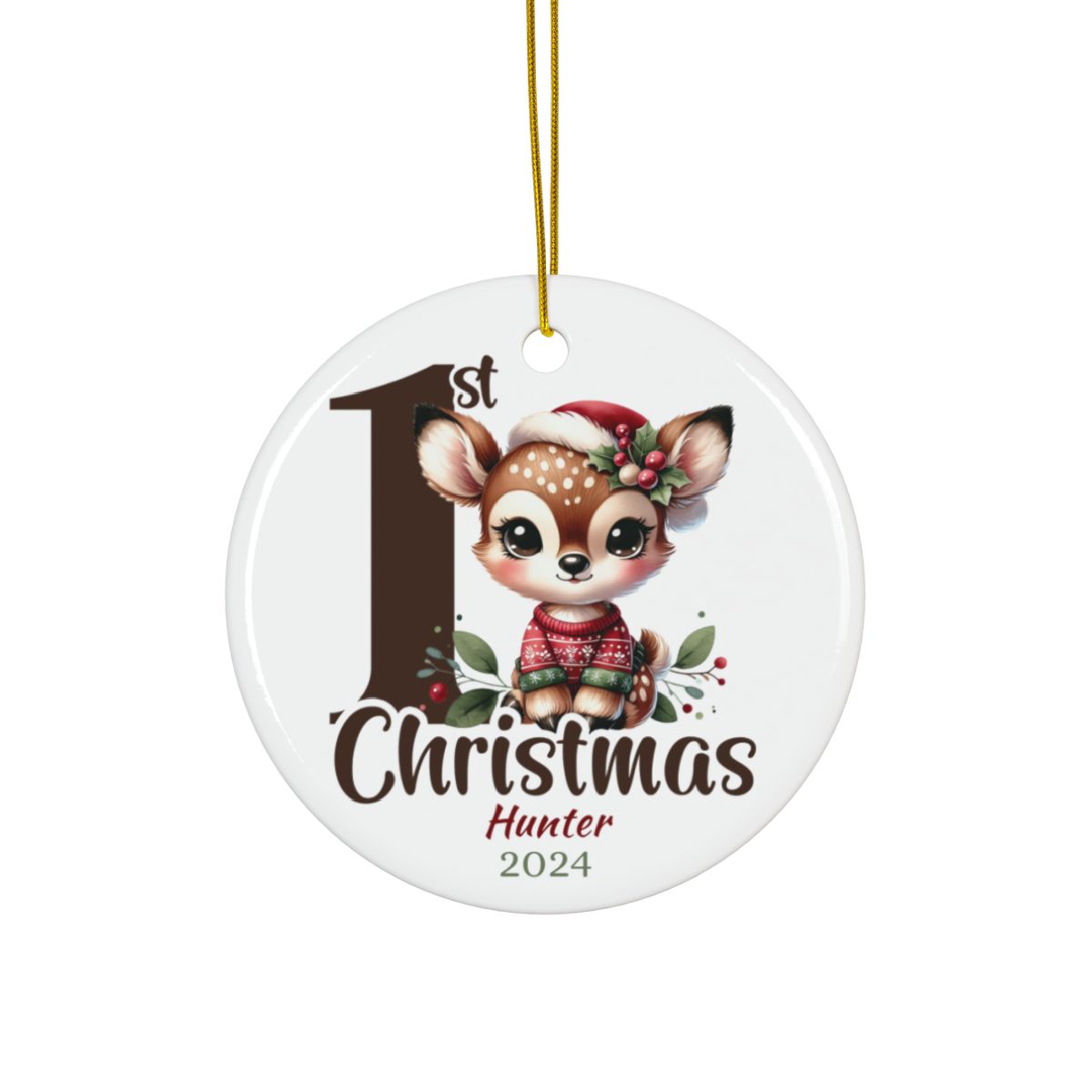 Personalized Baby's First Christmas Ornament, Fawn Design, Custom Ceramic Keepsake, Holiday Tree Decoration, Gift for New Parents