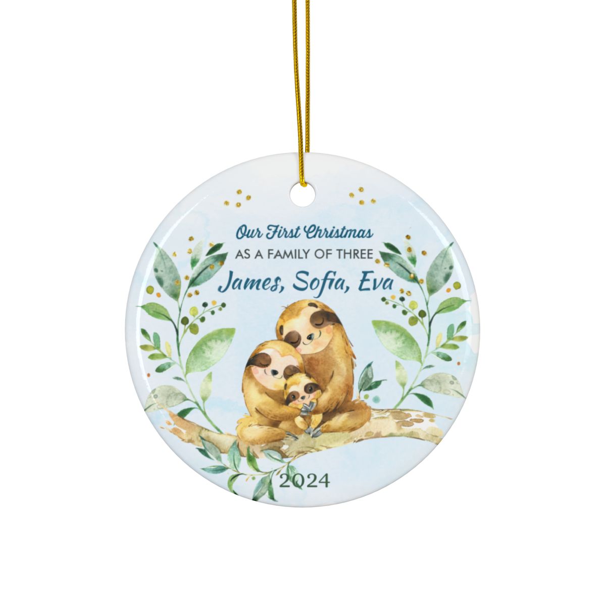 First Christmas Sloth Ornament, Family Keepsake, Personalized Ceramic Ornament, Holiday Sloth Family Decor, Baby's First Christmas Gift