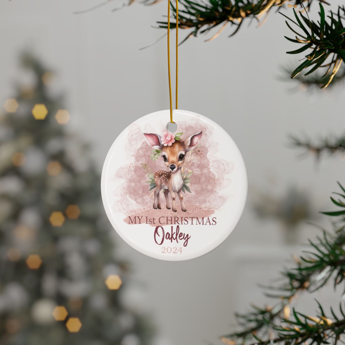 Pink Christmas Deer Personalised Ceramic Ornaments