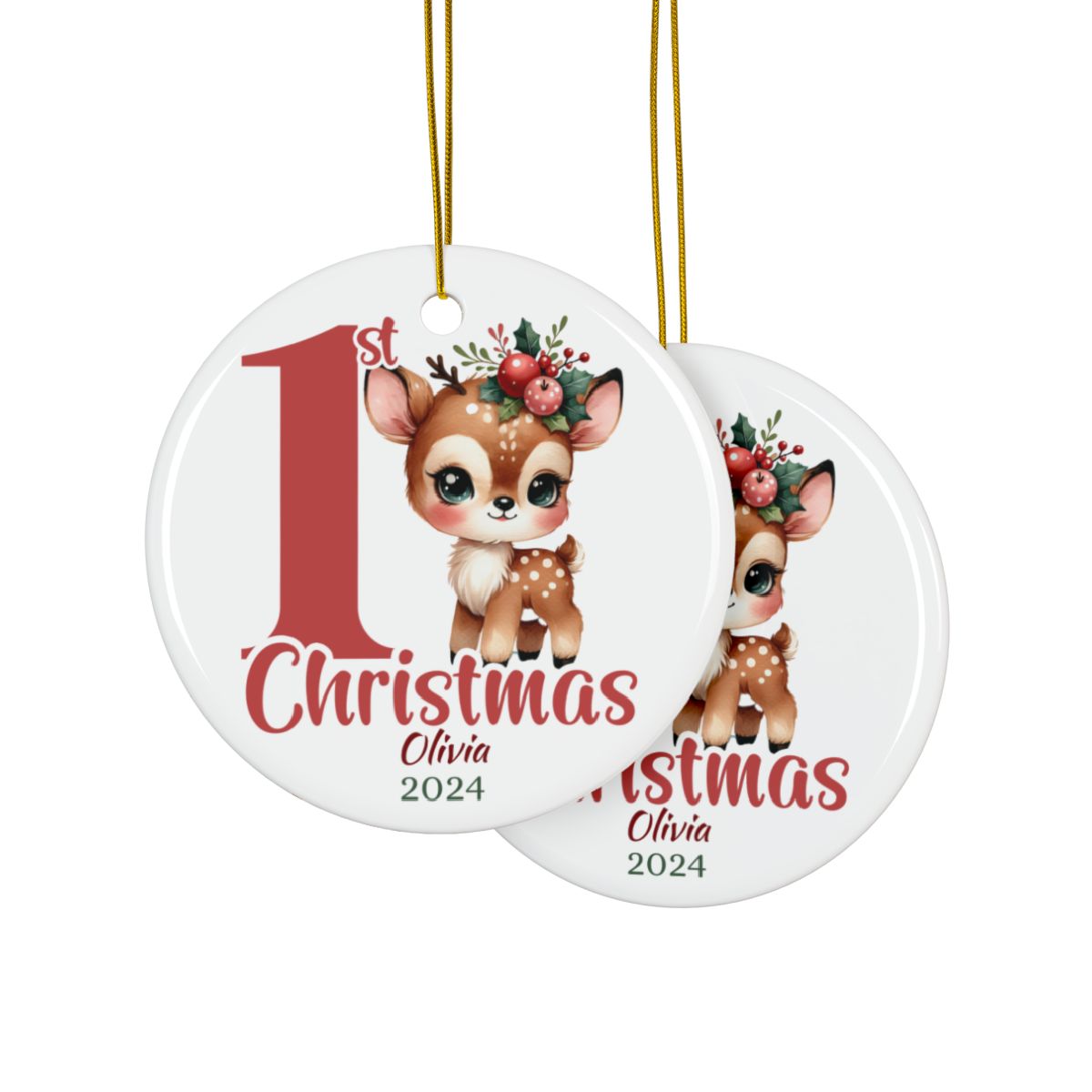 Personalized Baby's First Christmas Ornament, Fawn Design, Custom Ceramic Keepsake, Holiday Tree Decoration, Gift for New Parents