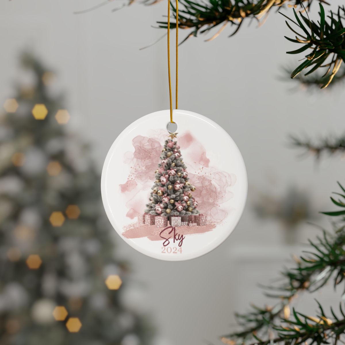 Pink Christmas Tree Personalised Ceramic Ornament Name and Year