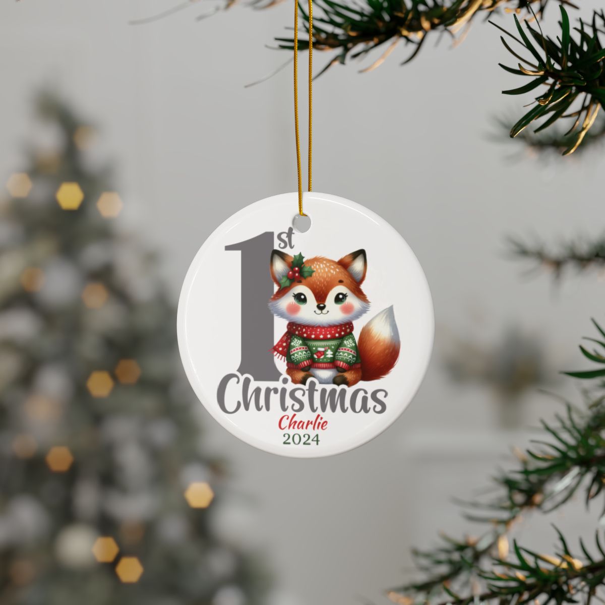First Christmas Ornament, Personalized Baby Ornament, Holiday Fox Decor, Custom Ceramic Keepsake, New Baby Christmas Gift