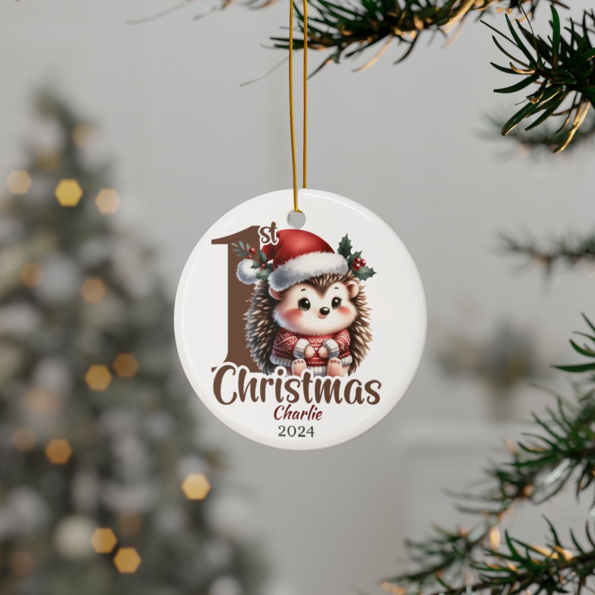 Personalized First Christmas Hedgehog Ornament, Ceramic Holiday Decoration, Baby's 1st Christmas Gift, Cute Holiday Keepsake