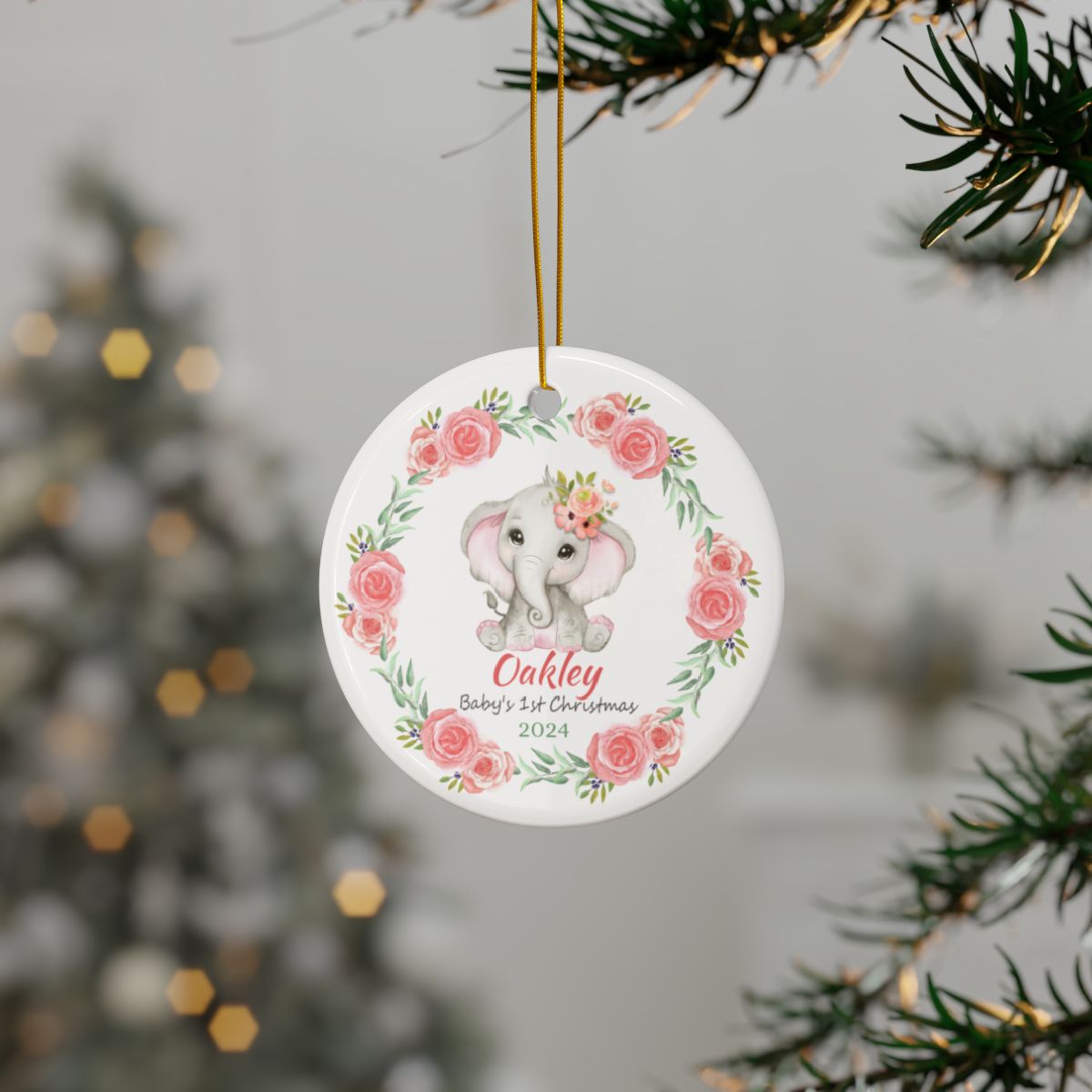 Baby Elephant and Pink Roses Wreath Personalised Ceramic Ornaments