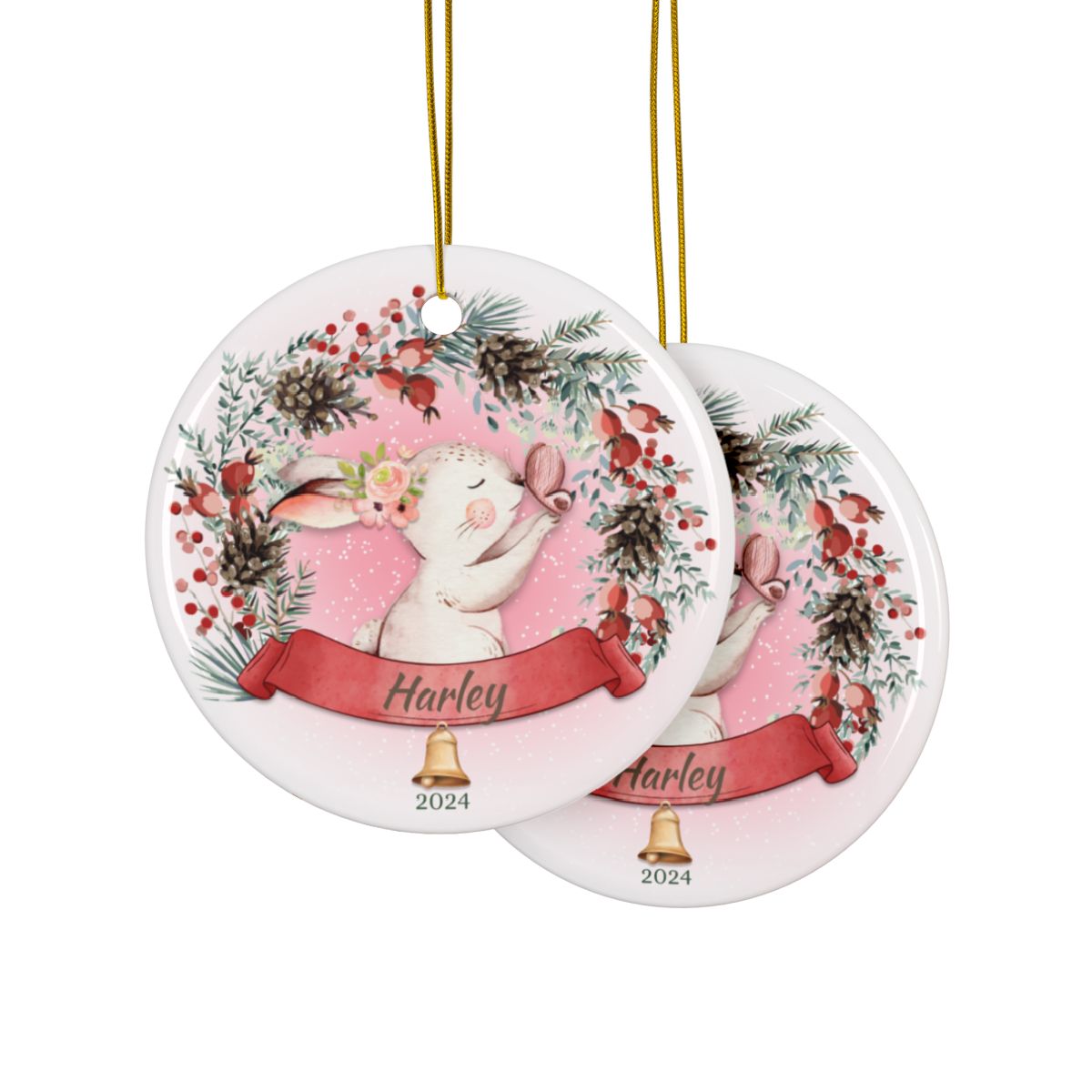 Personalized Rabbit Ornament, Ceramic Holiday Decoration, Christmas Animal Keepsake, Custom Name Ornament, Gift for Kids, Festive Tree Decor