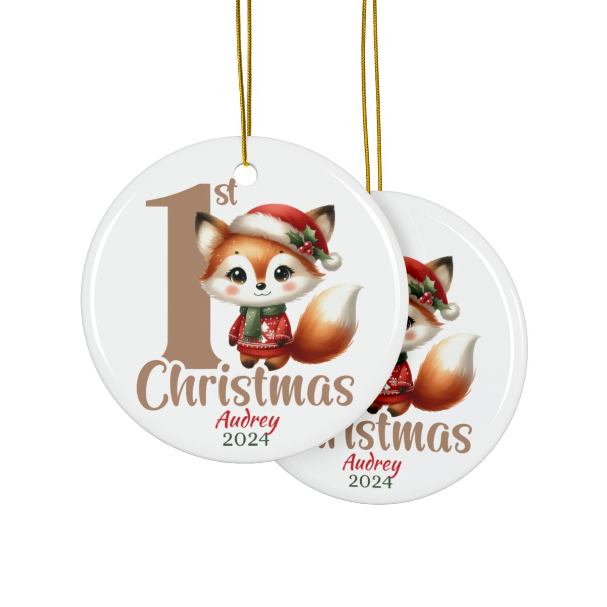 First Christmas Ornament, Personalized Baby Ornament, Holiday Fox Decor, Custom Ceramic Keepsake, New Baby Christmas Gift
