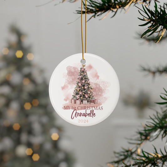Pink Christmas Tree Personalised Ceramic Ornament First Christmas