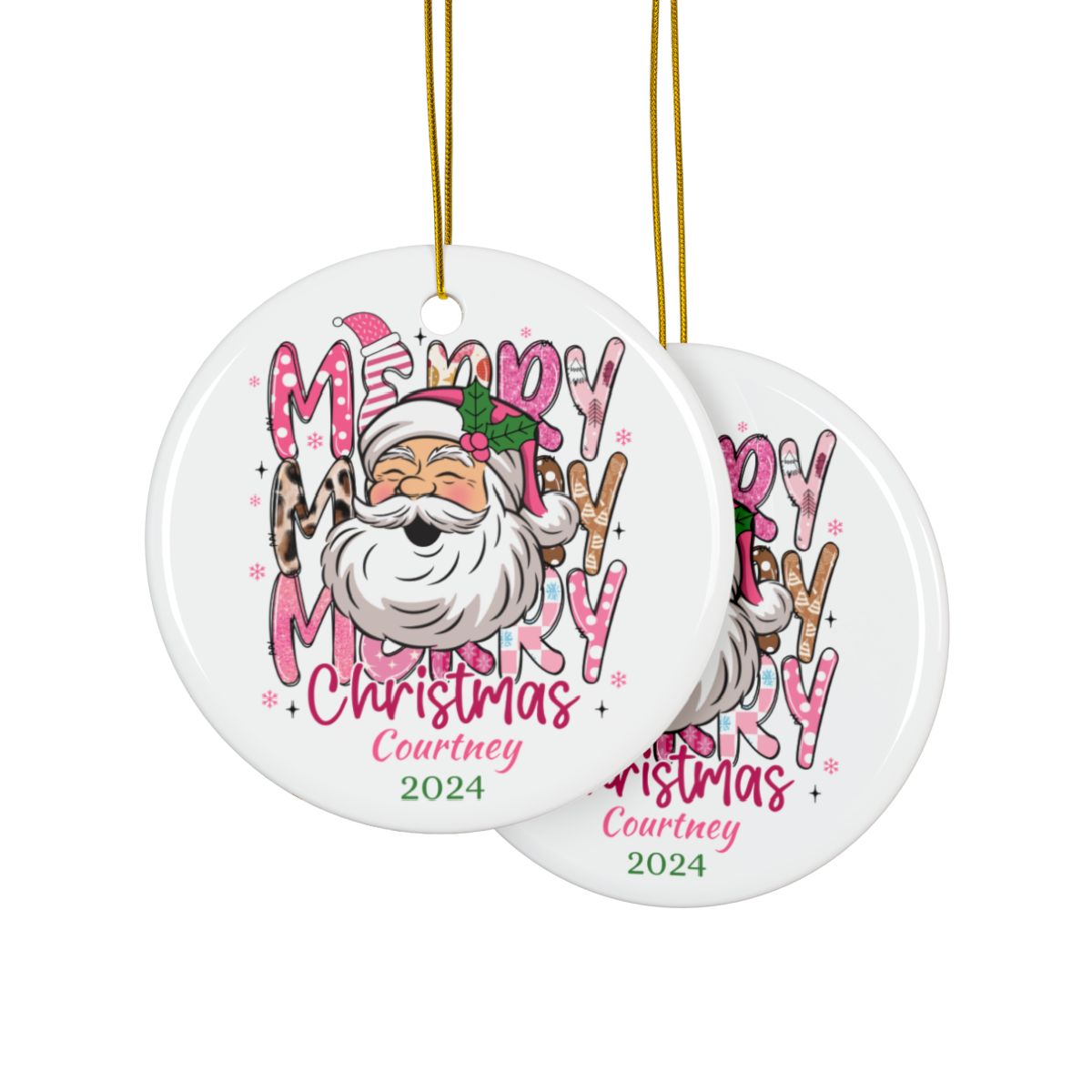 Custom Christmas Ornament, Pink Ceramic Ornament, Personalized Holiday Décor, Santa Design, Gift for Family, Christmas Gift