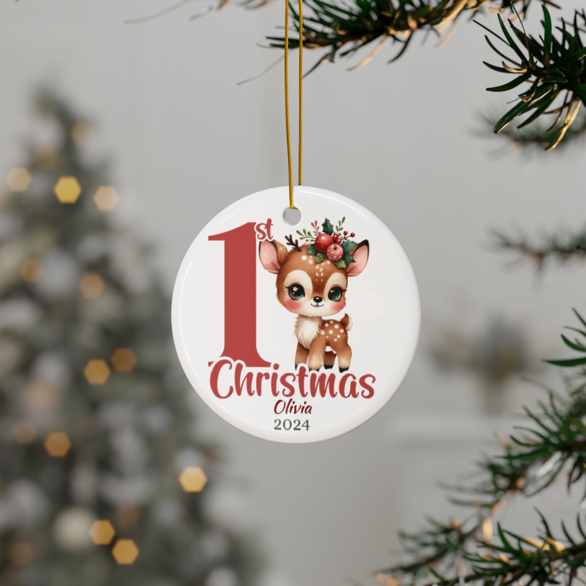 Personalized Baby's First Christmas Ornament, Fawn Design, Custom Ceramic Keepsake, Holiday Tree Decoration, Gift for New Parents