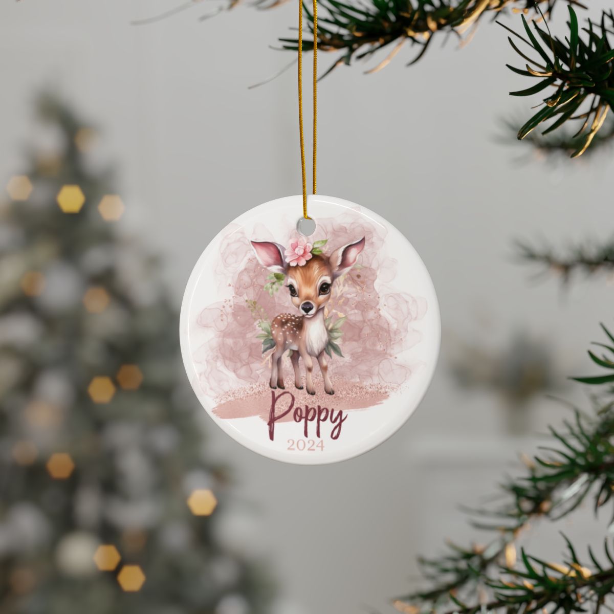 Pink Christmas Deer Personalised Ceramic Ornaments