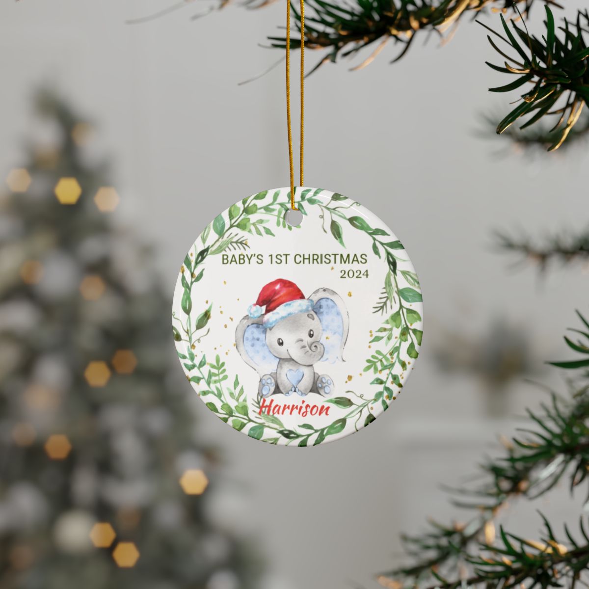 Baby Elephant Greenery Wreath Personalised Ceramic Ornaments First Christmas