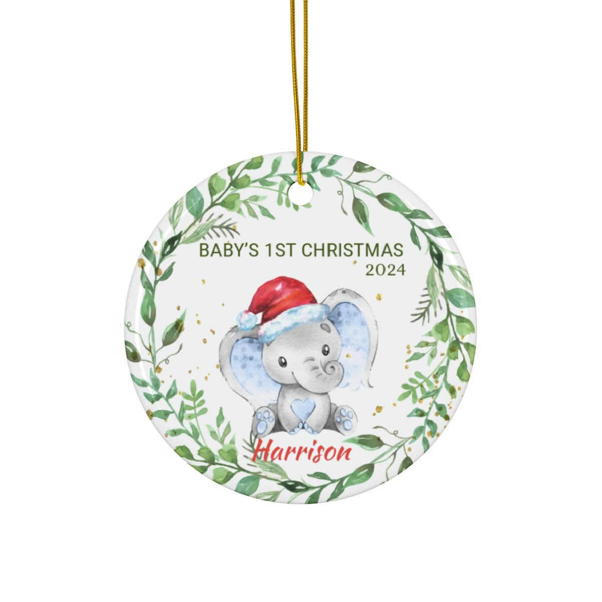 Baby Elephant Greenery Wreath Personalised Ceramic Ornaments First Christmas
