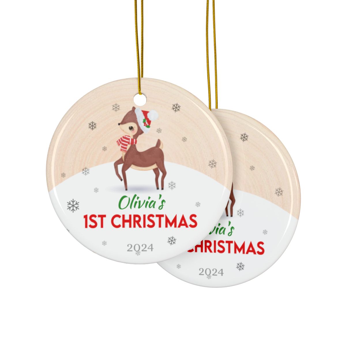Personalized Deer Ornament, Custom Ceramic Christmas Decoration, Baby's First Christmas Keepsake, Holiday Tree Hanging