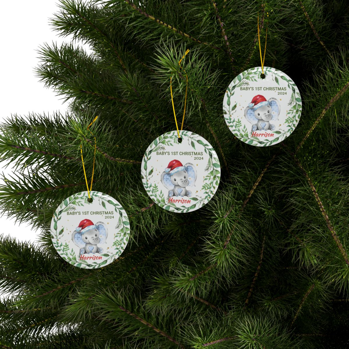 Baby Elephant Greenery Wreath Personalised Ceramic Ornaments First Christmas