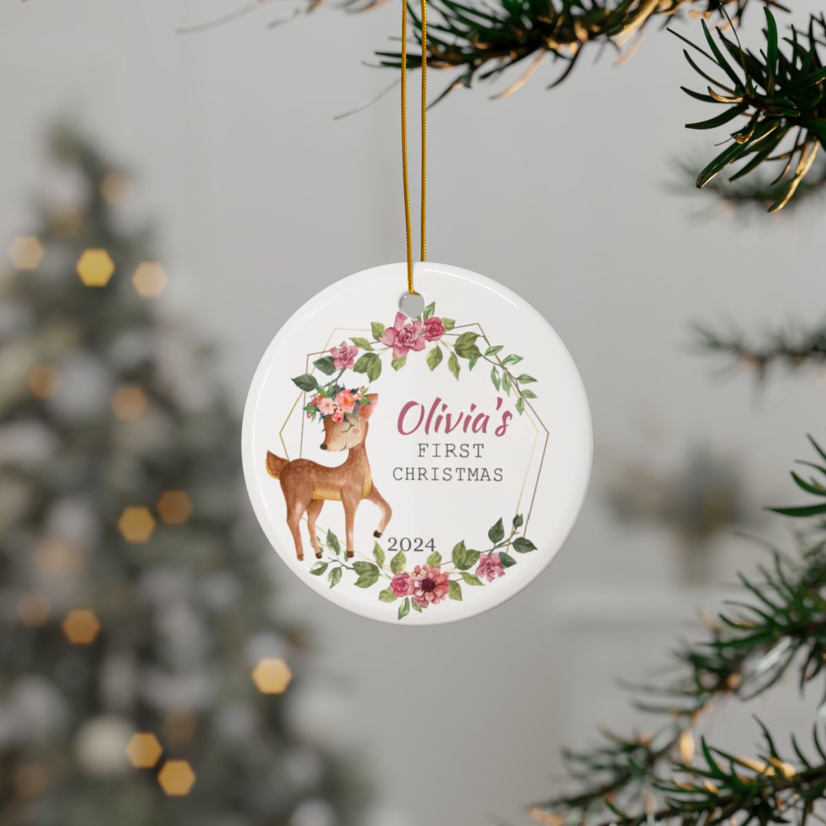 Cute Deer Personalised First Christmas Ceramic Ornament