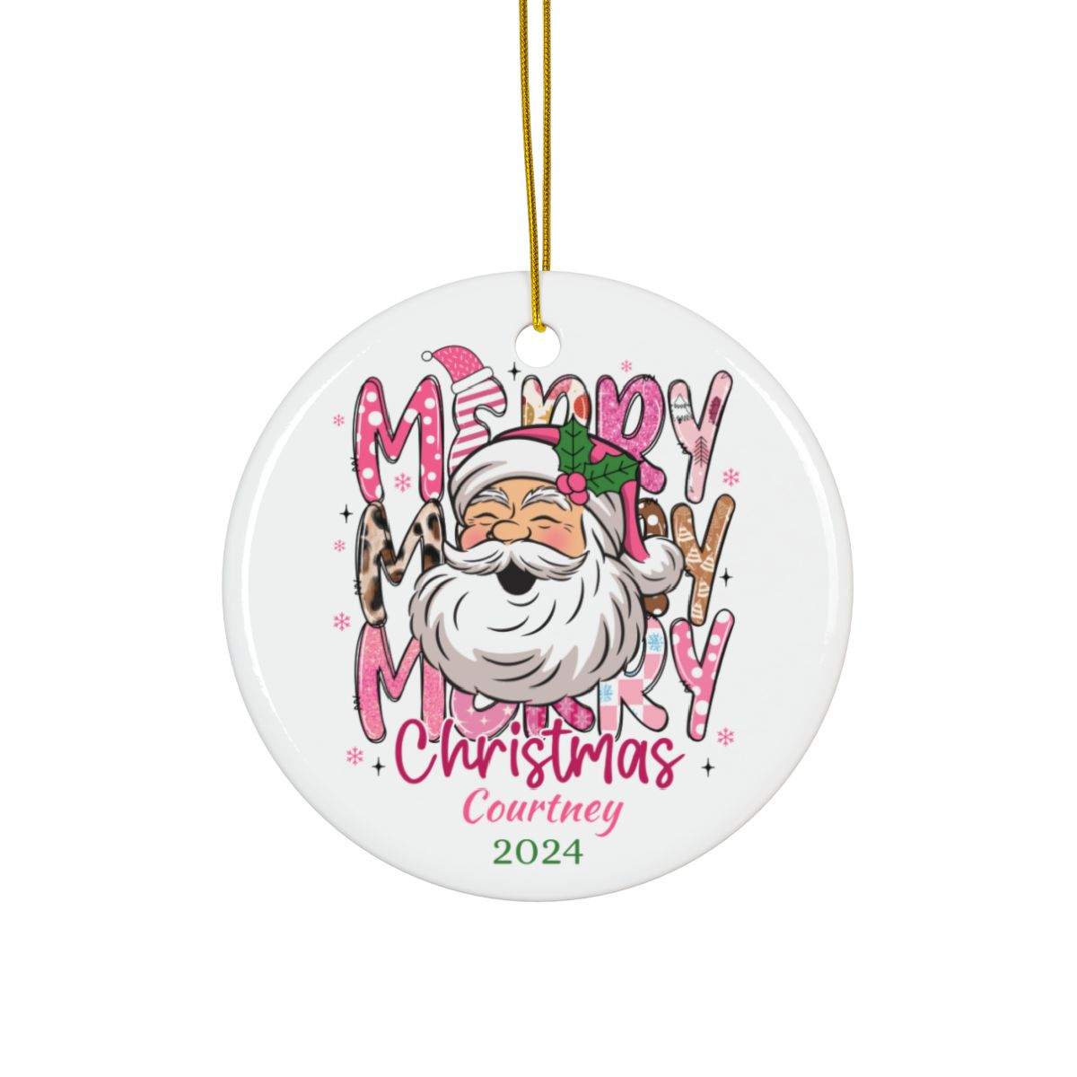 Custom Christmas Ornament, Pink Ceramic Ornament, Personalized Holiday Décor, Santa Design, Gift for Family, Christmas Gift