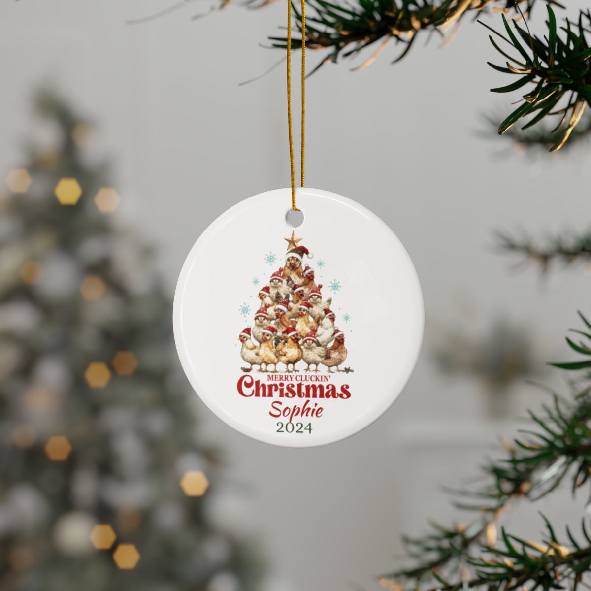 Personalized Christmas Ornament, Ceramic Tree Decoration, Custom Holiday Keepsake, Funny Chicken Design, Gift for Family