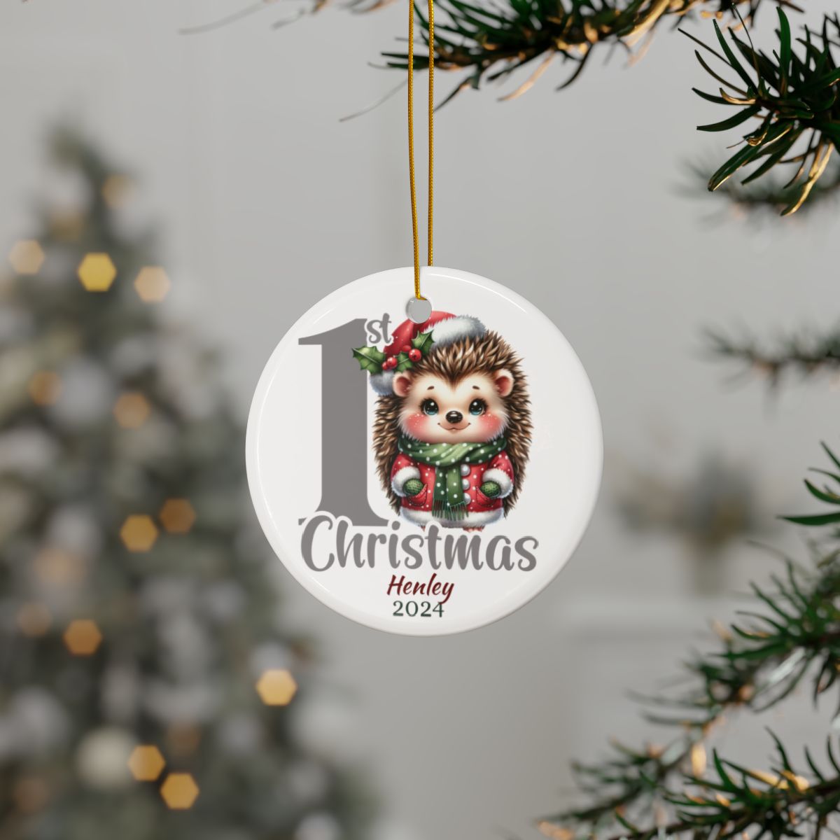 Personalized First Christmas Hedgehog Ornament, Ceramic Holiday Decoration, Baby's 1st Christmas Gift, Cute Holiday Keepsake