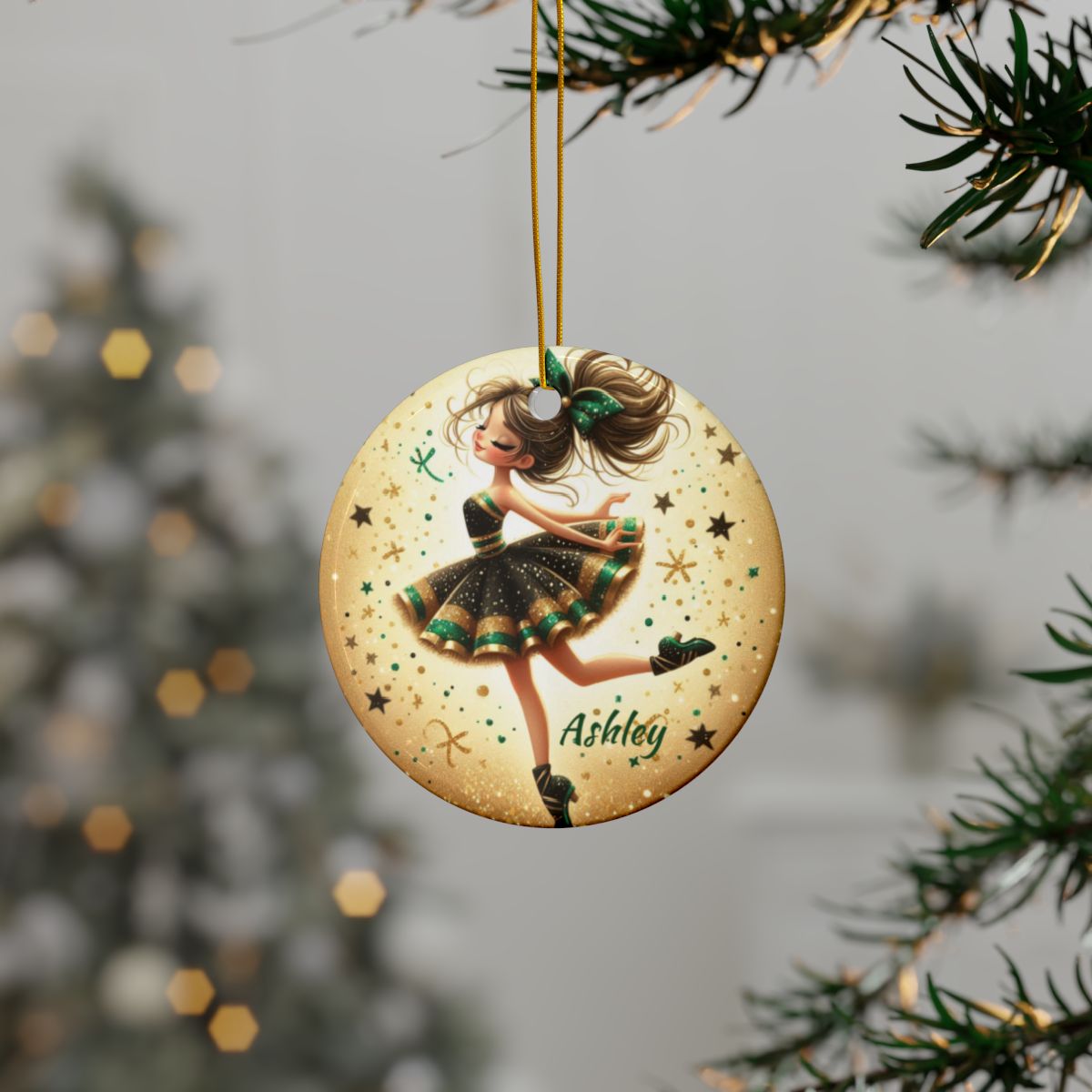 Cheerleader Green and Gold Personalised Ceramic Ornaments