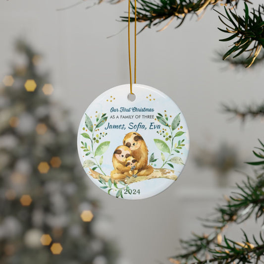 First Christmas Sloth Ornament, Family Keepsake, Personalized Ceramic Ornament, Holiday Sloth Family Decor, Baby's First Christmas Gift