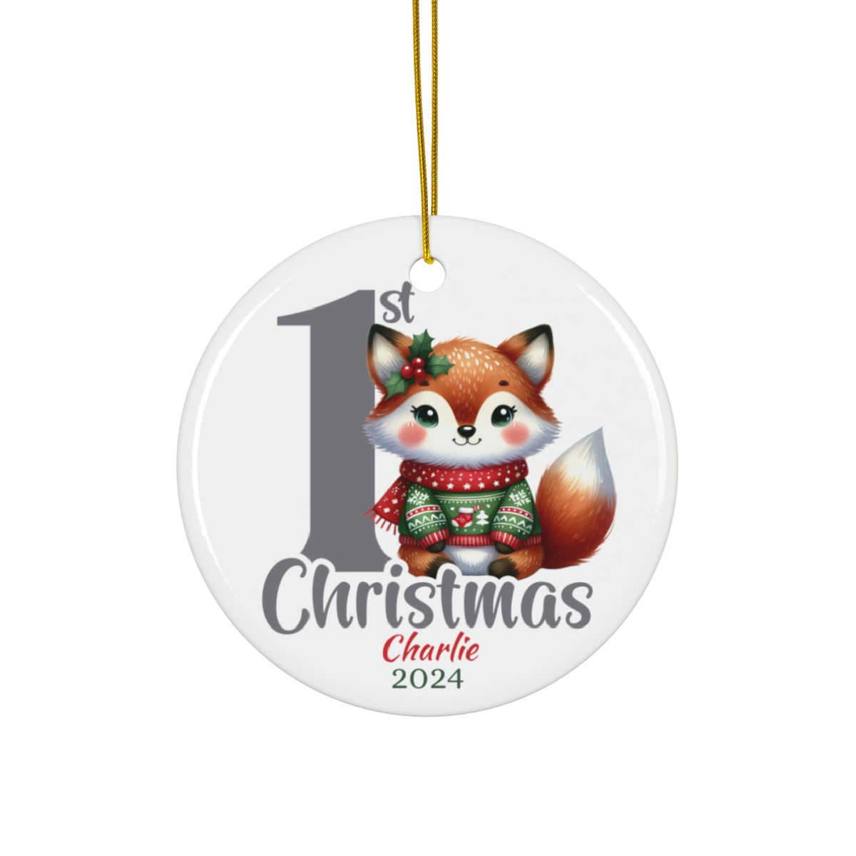 First Christmas Ornament, Personalized Baby Ornament, Holiday Fox Decor, Custom Ceramic Keepsake, New Baby Christmas Gift