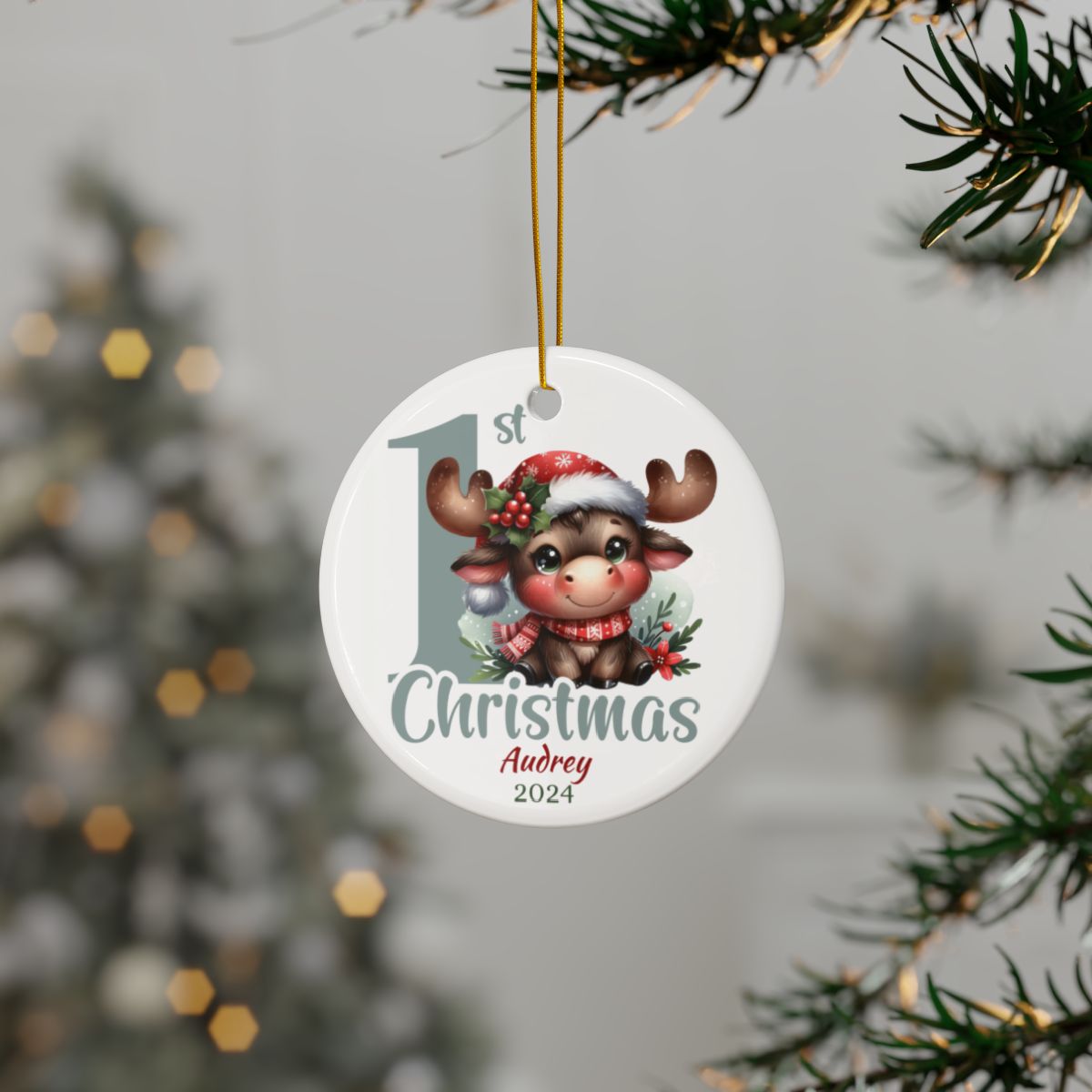 Moose 1st Christmas Personalised Ceramic Ornament