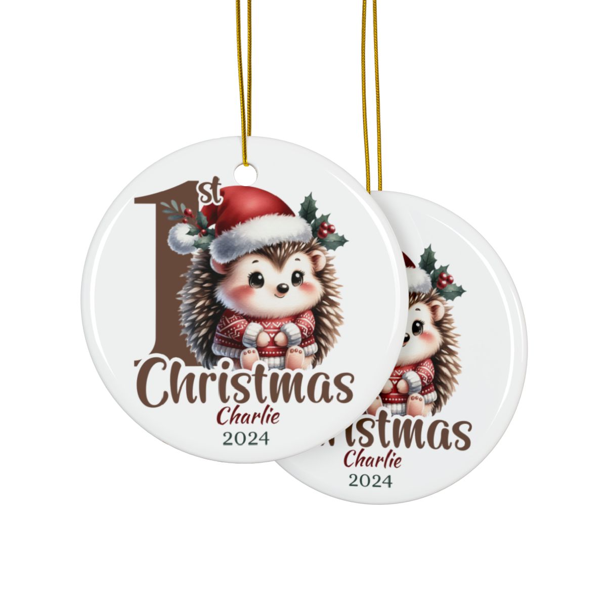 Personalized First Christmas Hedgehog Ornament, Ceramic Holiday Decoration, Baby's 1st Christmas Gift, Cute Holiday Keepsake