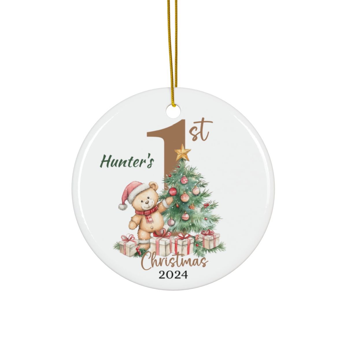 Teddy Bear Christmas Ornament, Personalized Baby's First Christmas, Cute Custom Holiday Keepsake, Ceramic Tree Decoration