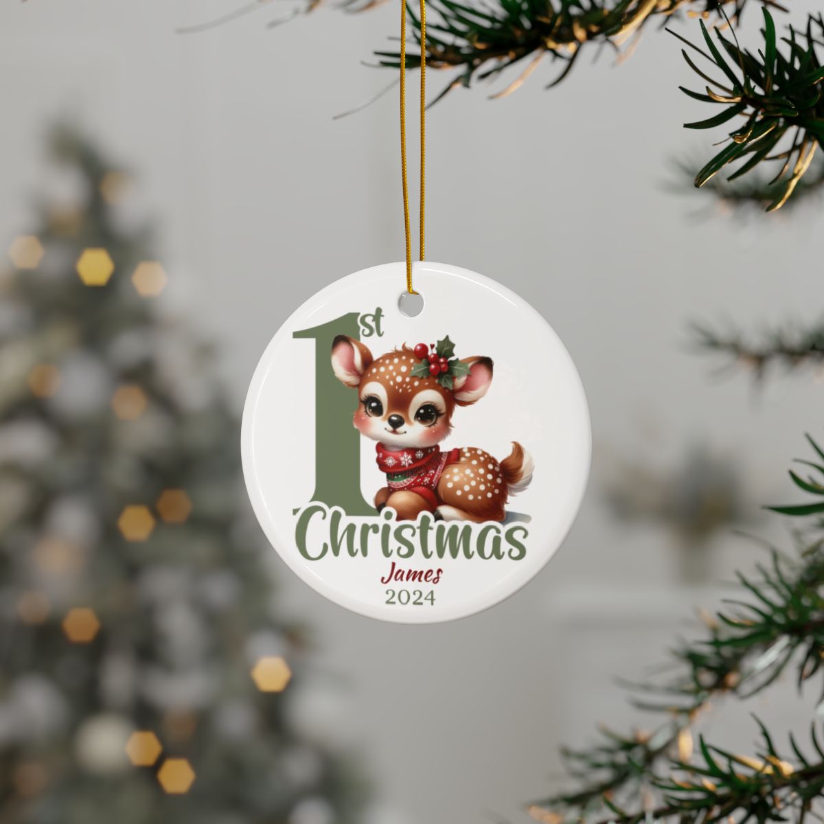 Personalized Baby's First Christmas Ornament, Fawn Design, Custom Ceramic Keepsake, Holiday Tree Decoration, Gift for New Parents