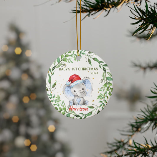 Baby Elephant Greenery Wreath Personalised Ceramic Ornaments First Christmas
