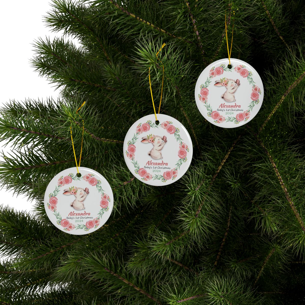 Personalized Ceramic Ornament, Rabbit Rose Wreath Ornament, Baby's First Christmas Gift, Nursery Decor Keepsake