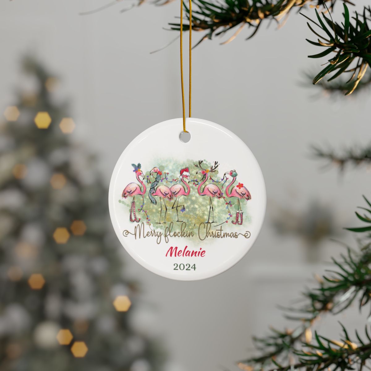Flamingo Merry Flockin' Christmas Personalised Ceramic Ornaments