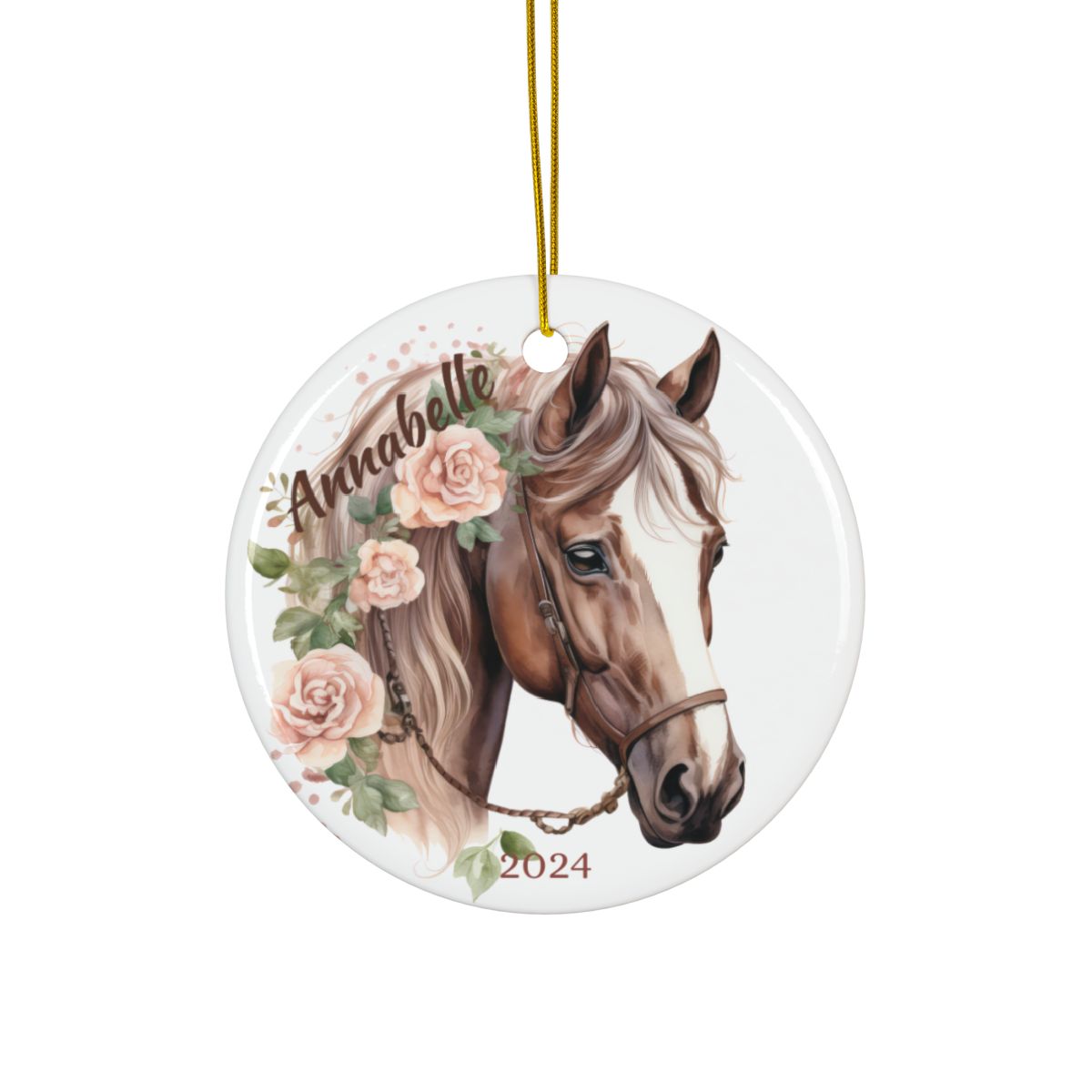 Floral Horse Ornament, Personalized Ceramic Keepsake, Holiday Decor Gift, Custom Name Ornament, Horse Lover Gift, Ceramic Ornament