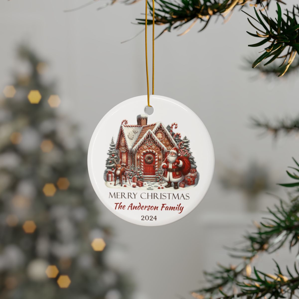 Santa Christmas Scene Personalised Ceramic Ornament