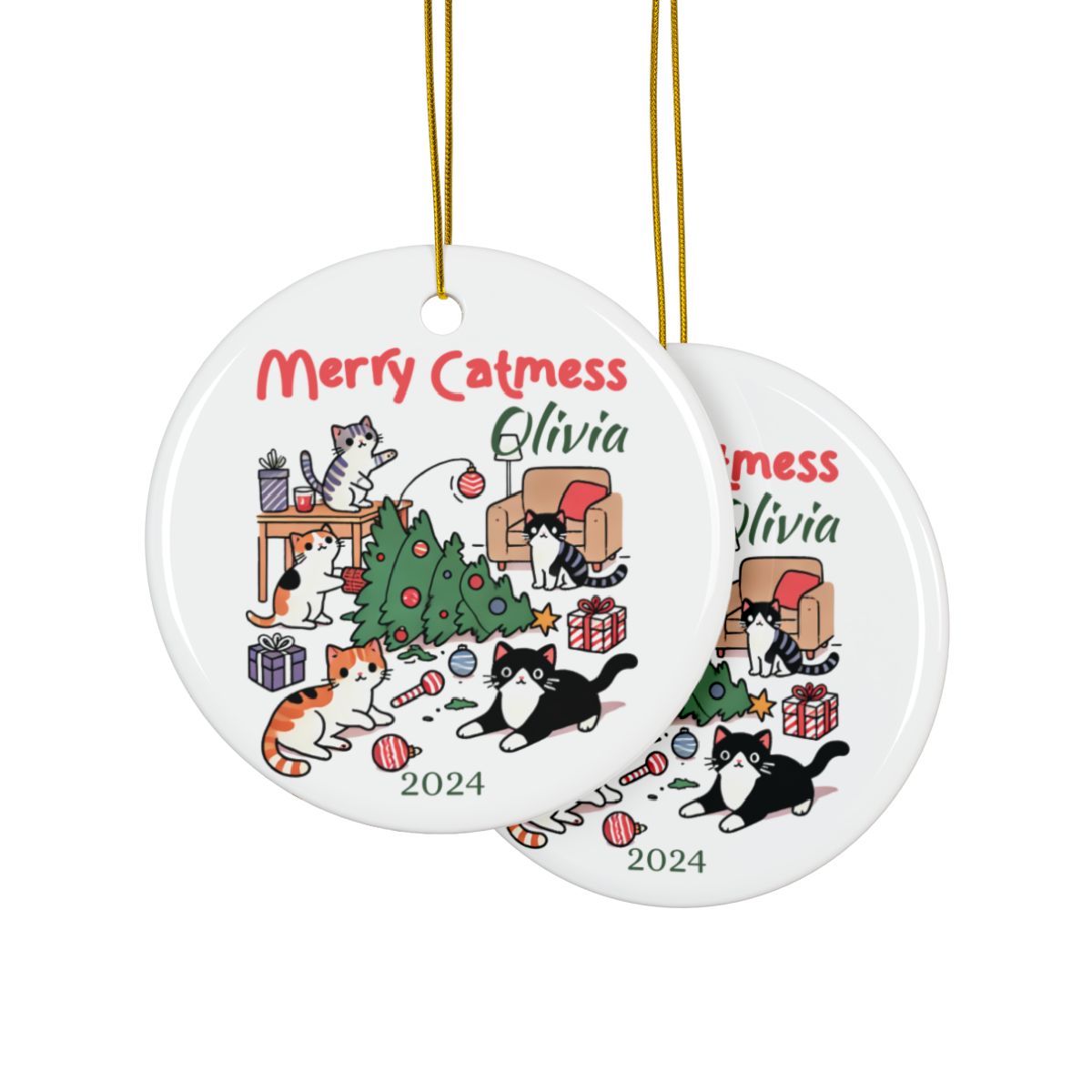 Custom Cat Christmas Ornament, Personalized Pet Decoration, Ceramic Round Ornament, Holiday Tree Decor, Customizable Cat Gift