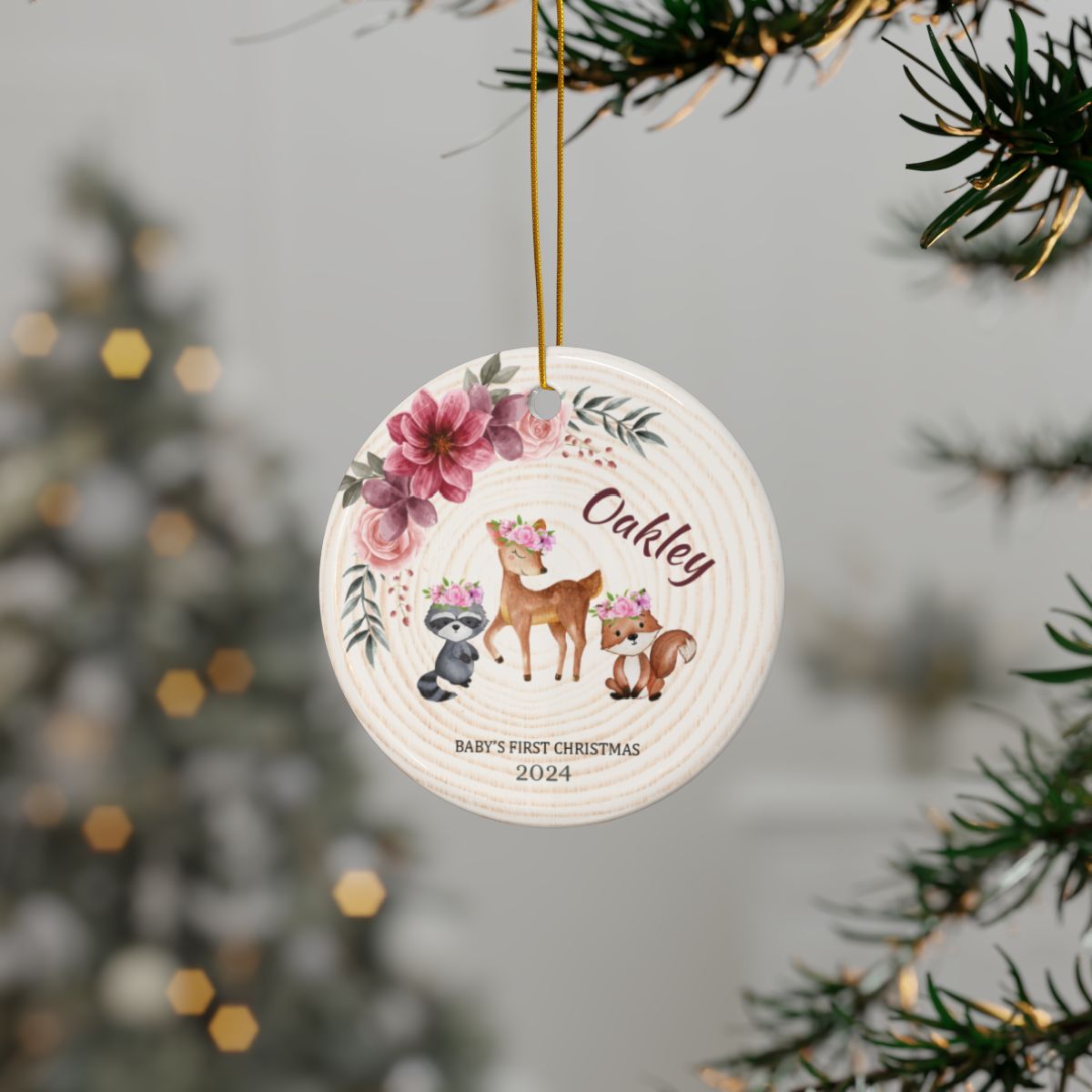 Woodland Animal Ornament, Personalized Baby First Christmas Ornament, Ceramic Keepsake Gift