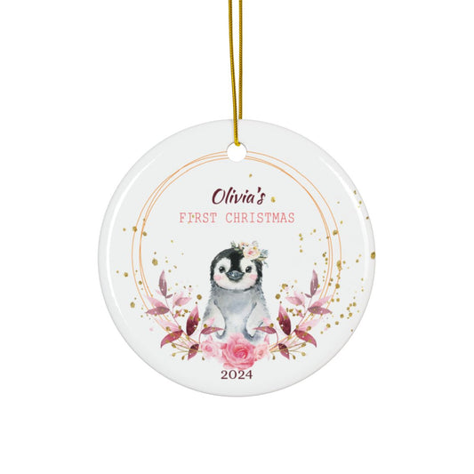 Personalized First Christmas Penguin Ornament, Custom Baby's Keepsake, Ceramic Holiday Décor, Cute Nursery Gift