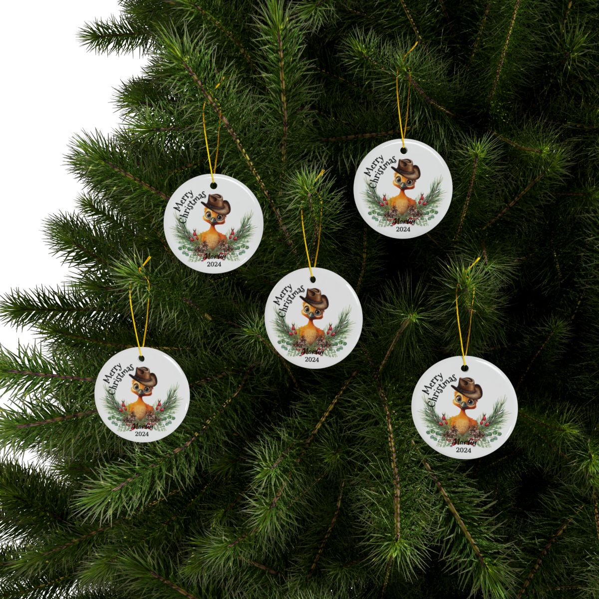 Australian Animals Ornament, Cowboy Emu Design, Personalized Ceramic, Two-Sided Print, Unique Christmas Gift